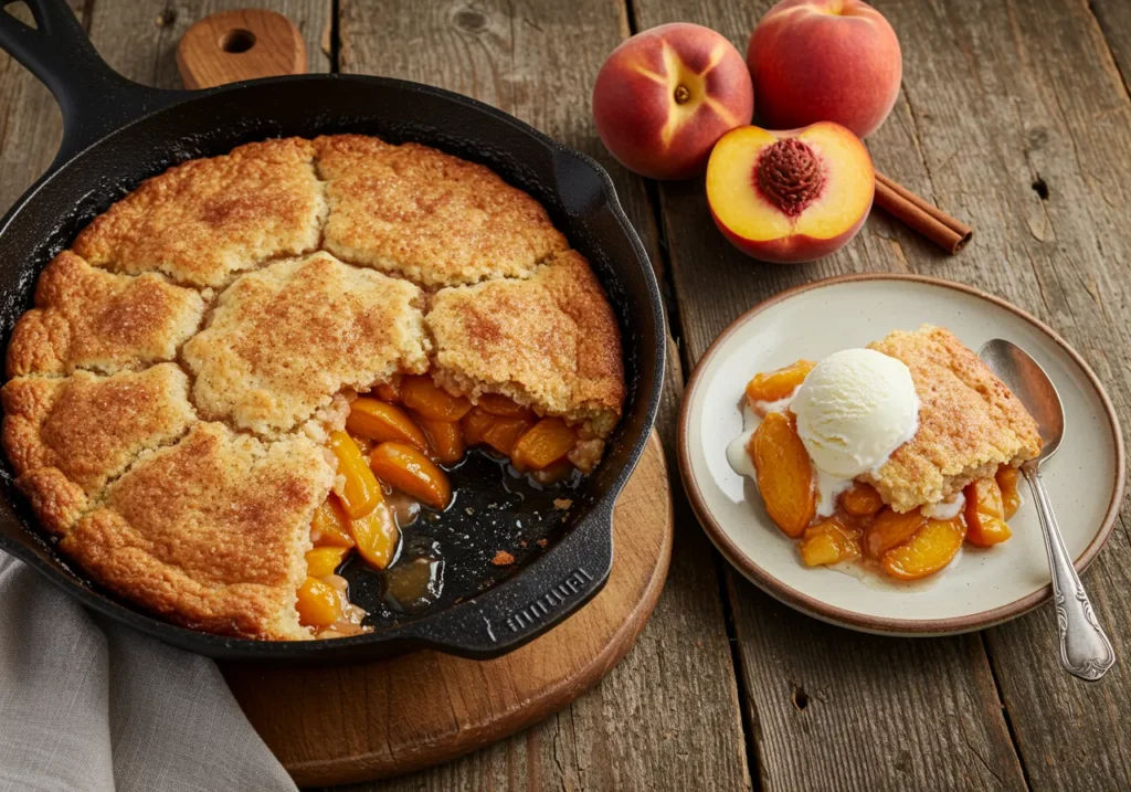 A freshly baked peach cobbler in a black cast iron skillet with a golden brown crust, surrounded by fresh peaches and cinnamon sticks on a rustic wooden table. A slice of cobbler is served on a plate with a scoop of vanilla ice cream.