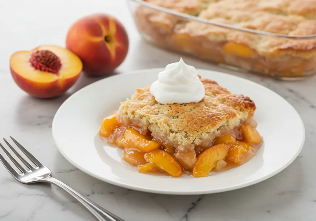 A plate of warm peach cobbler with golden crust and juicy peaches, perfect for a peach cobbler recipe.