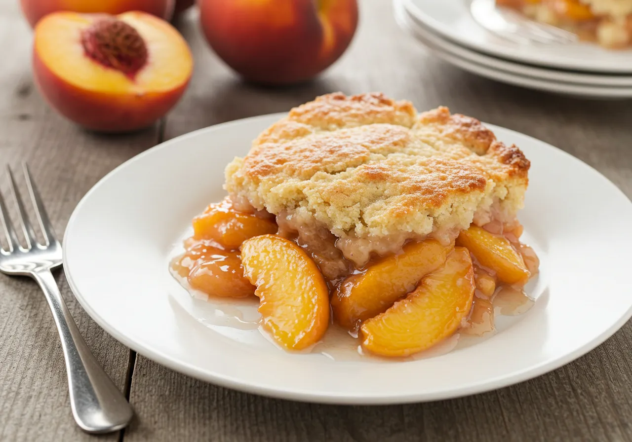 A plate of warm peach cobbler with golden crust and juicy peaches, perfect for a peach cobbler recipe.