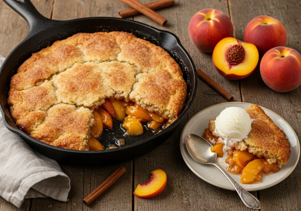 A freshly baked peach cobbler in a black cast iron skillet with a golden brown crust, surrounded by fresh peaches and cinnamon sticks on a rustic wooden table. A slice of cobbler is served on a plate with a scoop of vanilla ice cream.