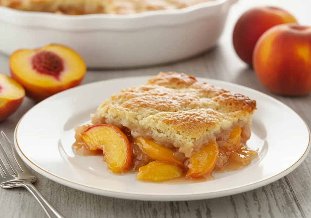 A plate of warm peach cobbler with golden crust and juicy peaches, perfect for a peach cobbler recipe.