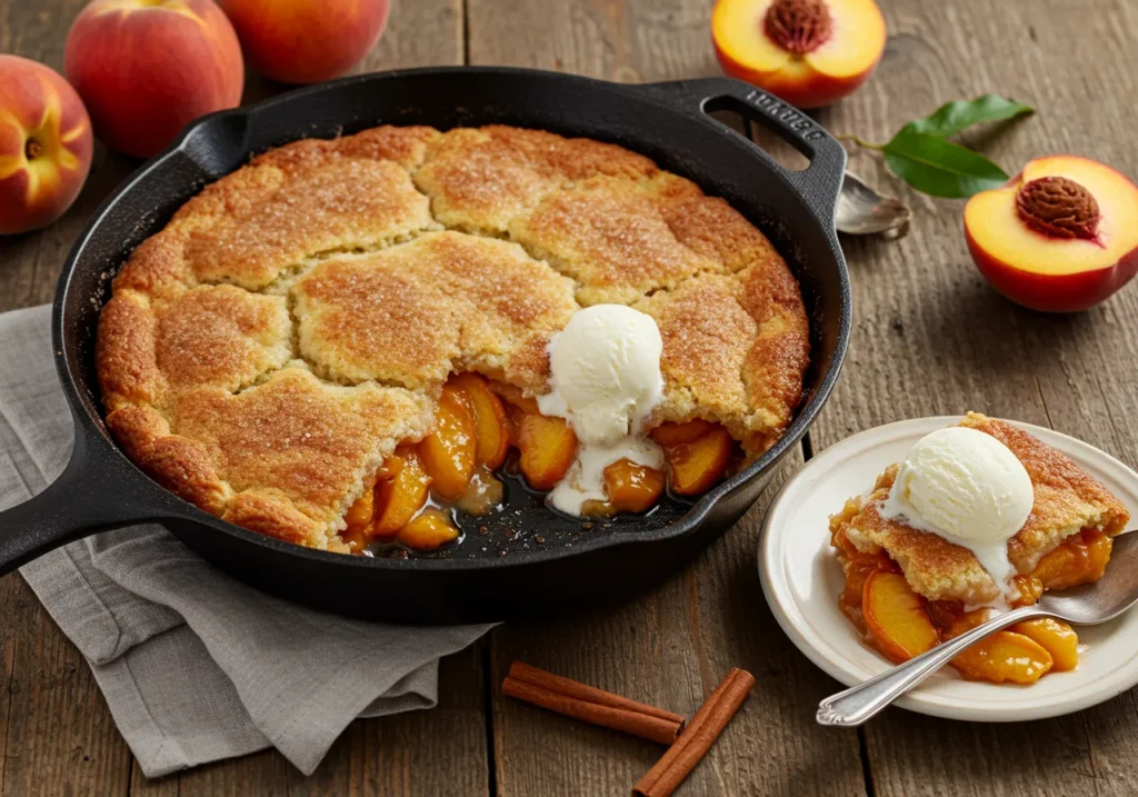 A freshly baked peach cobbler in a black cast iron skillet with a golden brown crust, surrounded by fresh peaches and cinnamon sticks on a rustic wooden table. A slice of cobbler is served on a plate with a scoop of vanilla ice cream.