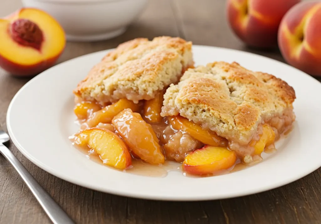 A plate of warm peach cobbler with golden crust and juicy peaches, perfect for a peach cobbler recipe.