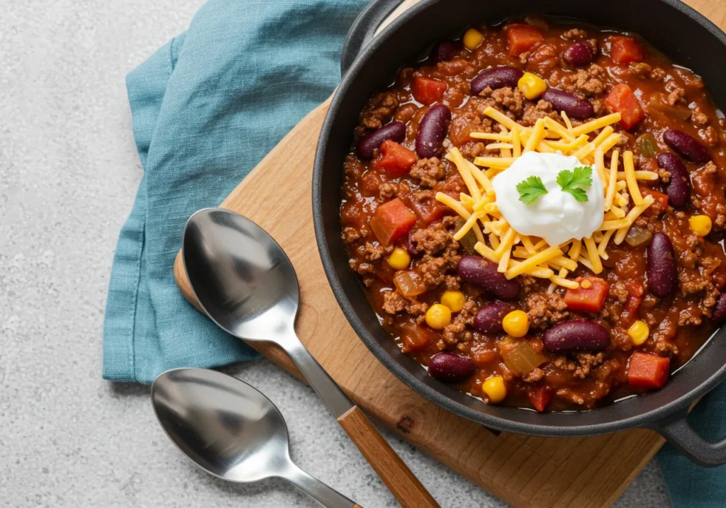 A steaming bowl of hearty vegan chili recipe topped with fresh cilantro and served with a side of crusty bread.