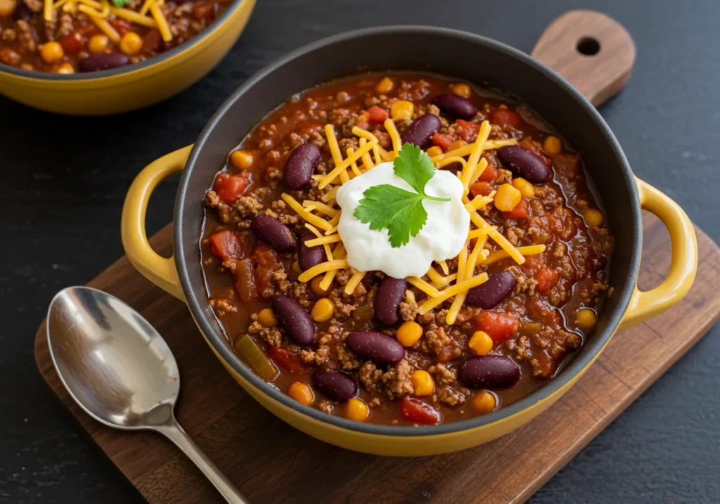 A steaming bowl of hearty vegan chili recipe topped with fresh cilantro and served with a side of crusty bread.