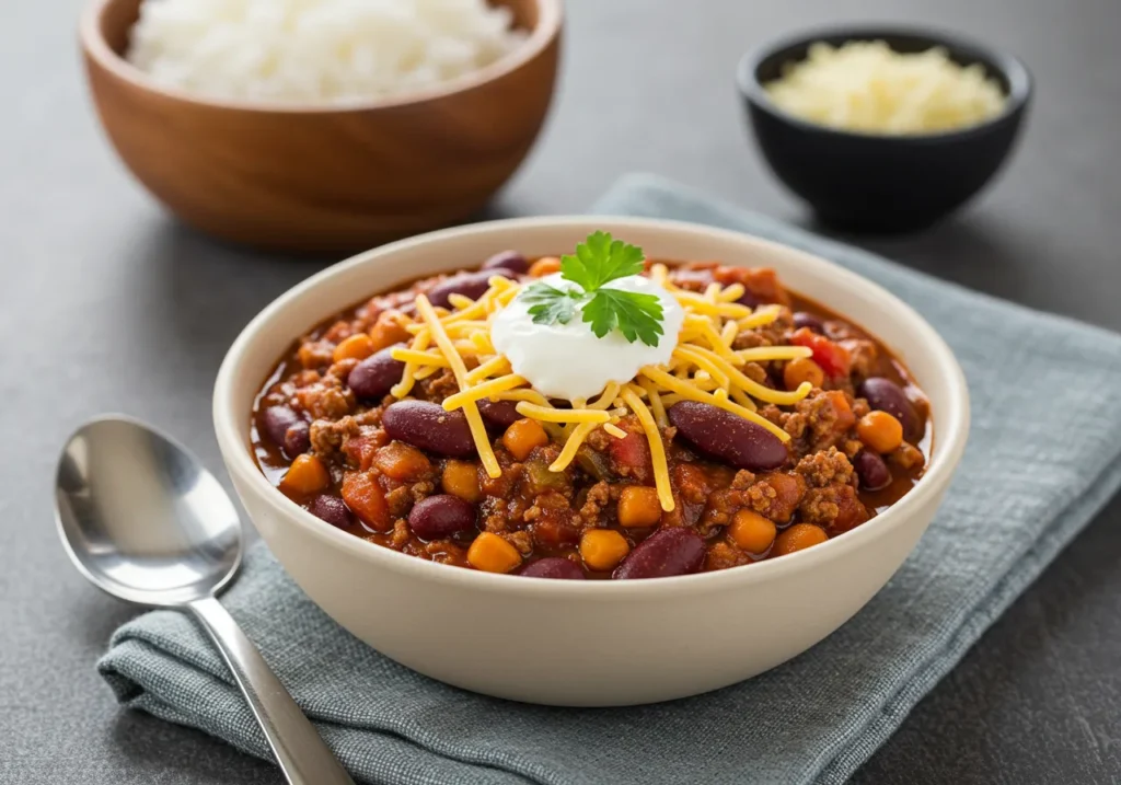 A steaming bowl of hearty vegan chili recipe topped with fresh cilantro and served with a side of crusty bread.