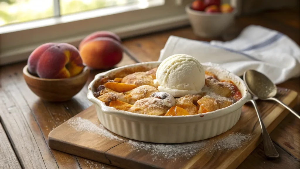 A homemade peach cobbler recipe with cake mix, topped with a scoop of vanilla ice cream, served in a rustic black baking dish on a wooden table near a bowl of fresh peaches.