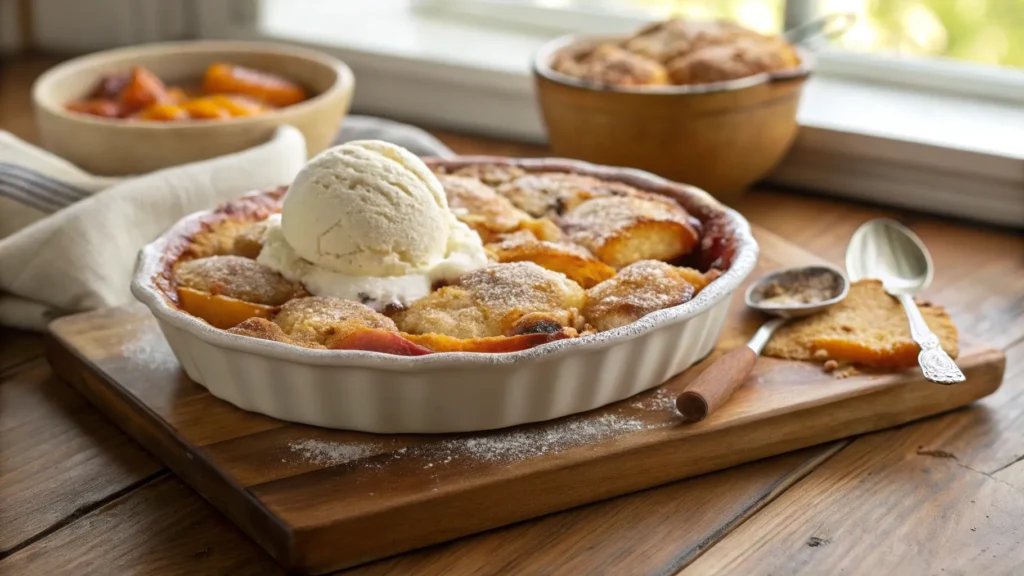 A homemade peach cobbler recipe with cake mix, topped with a scoop of vanilla ice cream, served in a rustic black baking dish on a wooden table near a bowl of fresh peaches.