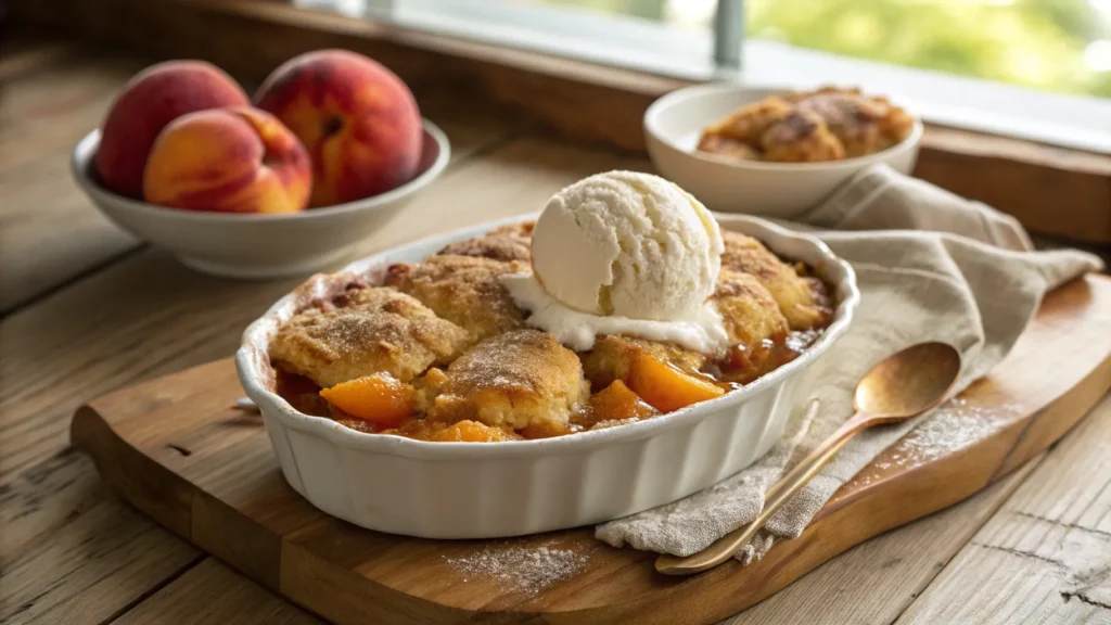 A homemade peach cobbler recipe with cake mix, topped with a scoop of vanilla ice cream, served in a rustic black baking dish on a wooden table near a bowl of fresh peaches.