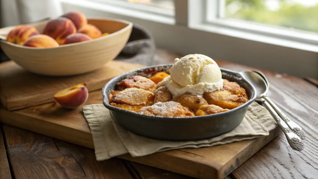 A homemade peach cobbler recipe with cake mix, topped with a scoop of vanilla ice cream, served in a rustic black baking dish on a wooden table near a bowl of fresh peaches.