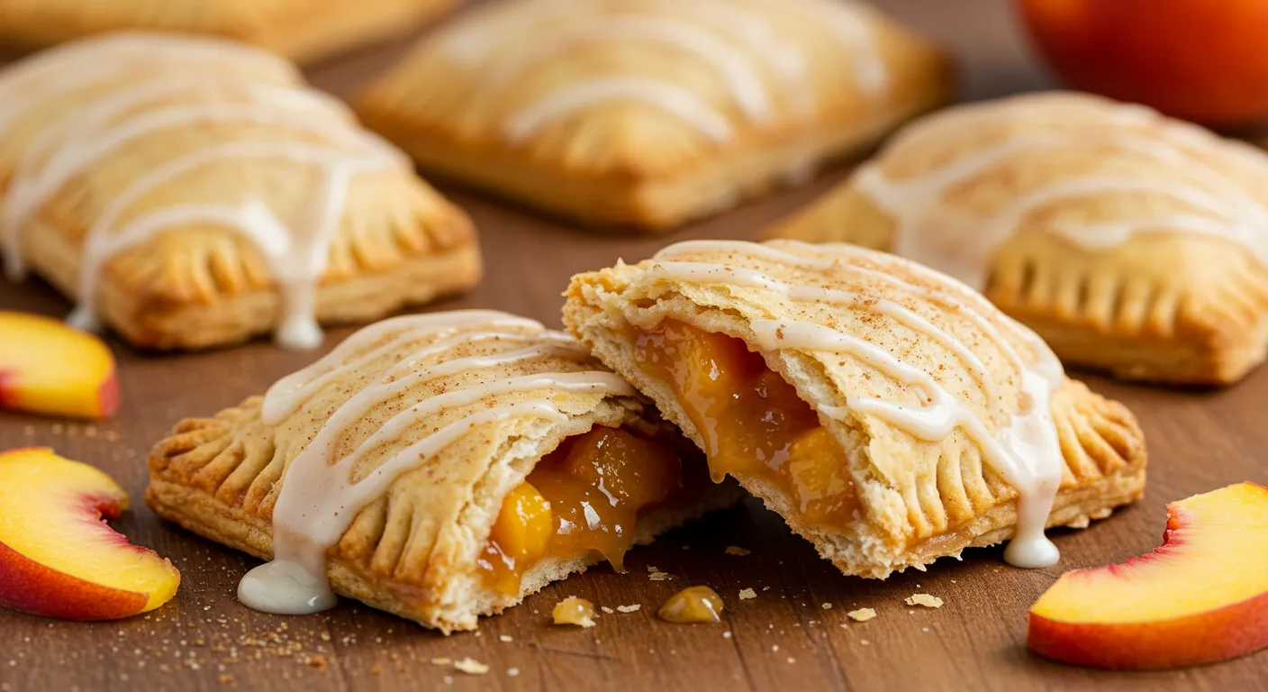 A golden, flaky homemade peach cobbler pop tart with a warm spiced peach filling, topped with a drizzle of vanilla glaze and a sprinkle of cinnamon sugar, served on a wooden board with fresh peach slices.