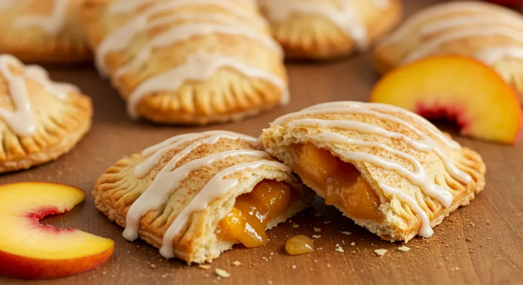 A golden, flaky homemade peach cobbler pop tart with a warm spiced peach filling, topped with a drizzle of vanilla glaze and a sprinkle of cinnamon sugar, served on a wooden board with fresh peach slices.