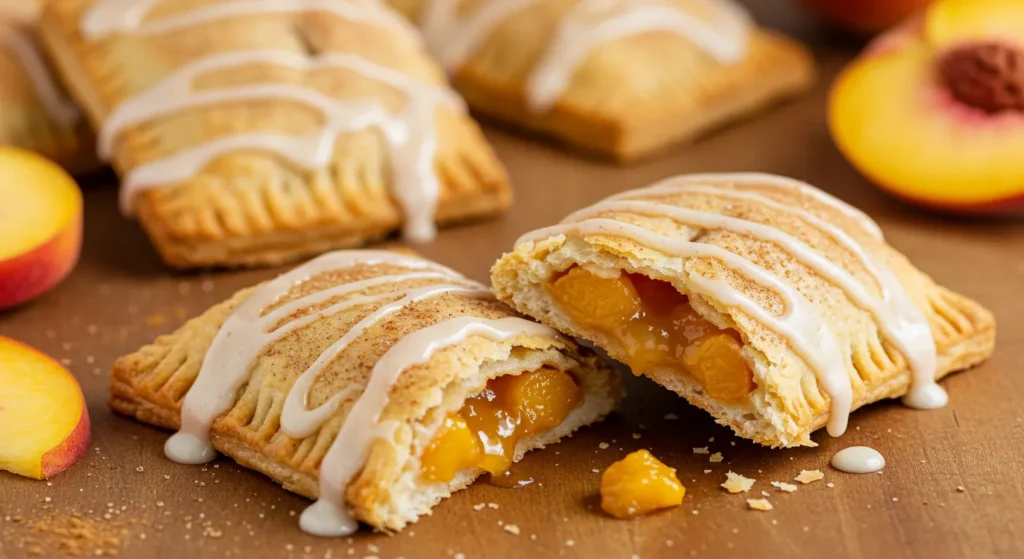 A golden, flaky homemade peach cobbler pop tart with a warm spiced peach filling, topped with a drizzle of vanilla glaze and a sprinkle of cinnamon sugar, served on a wooden board with fresh peach slices.