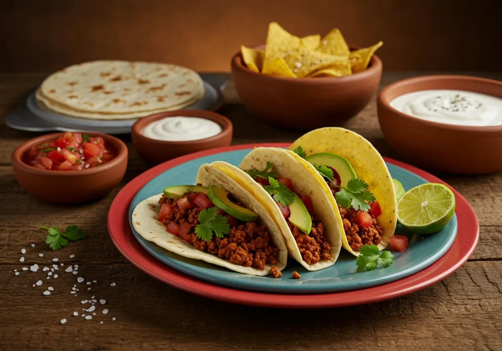 A vibrant plate of homemade tacos filled with ground beef, lettuce, tomatoes, and avocado, topped with fresh cilantro and lime, surrounded by colorful bowls of salsa, guacamole, and sour cream on a rustic wooden table.