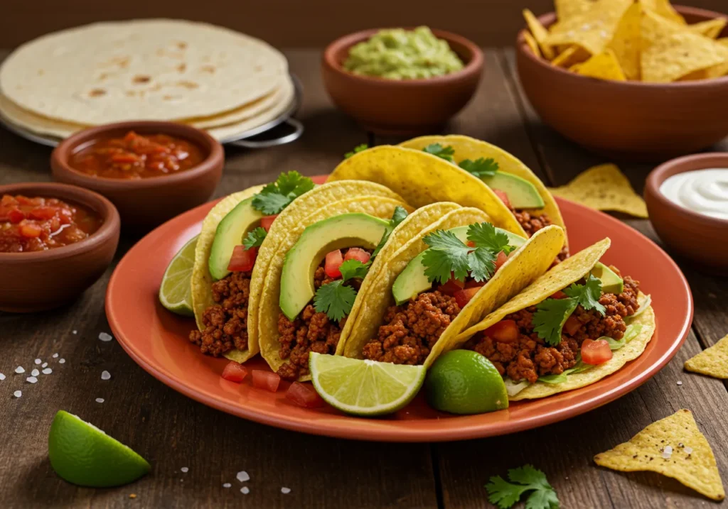 A vibrant plate of homemade tacos filled with ground beef, lettuce, tomatoes, and avocado, topped with fresh cilantro and lime, surrounded by colorful bowls of salsa, guacamole, and sour cream on a rustic wooden table.