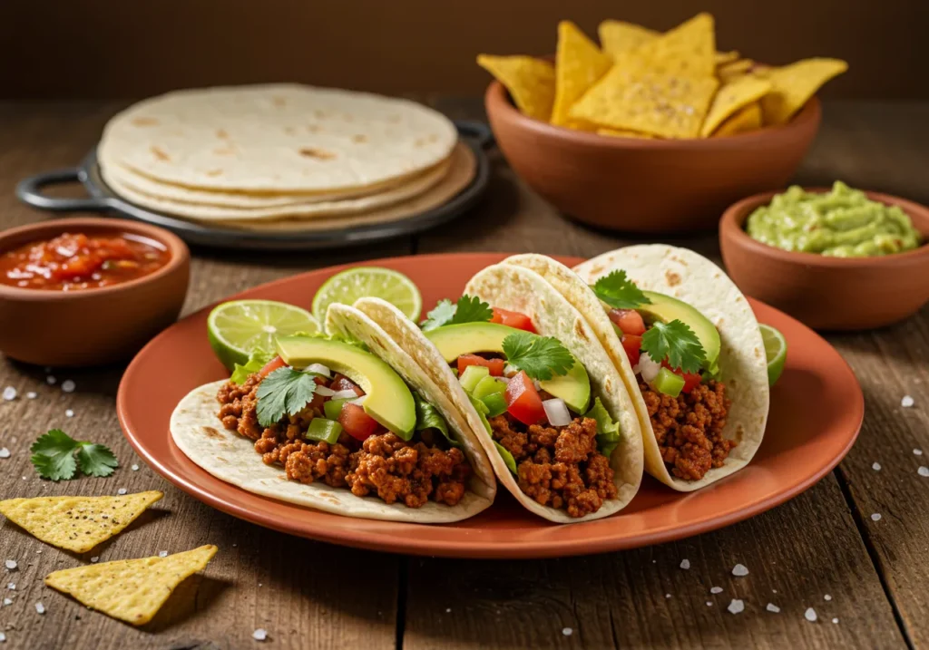 A vibrant plate of homemade tacos filled with ground beef, lettuce, tomatoes, and avocado, topped with fresh cilantro and lime, surrounded by colorful bowls of salsa, guacamole, and sour cream on a rustic wooden table.