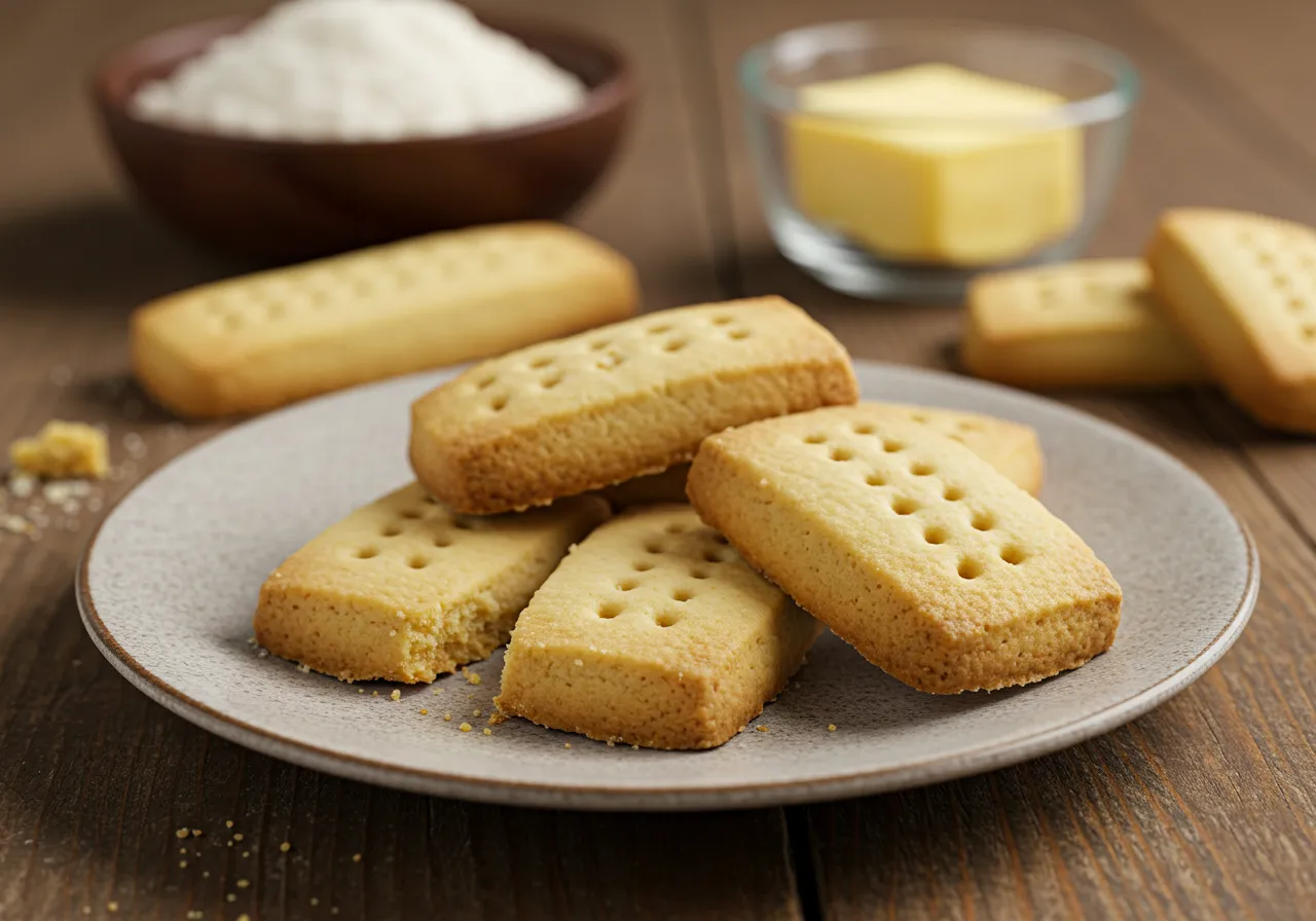 Golden shortbread cookies arranged neatly on a rustic wooden plate, showcasing the perfect crumbly texture and buttery flavor of a classic shortbread cookie recipe.