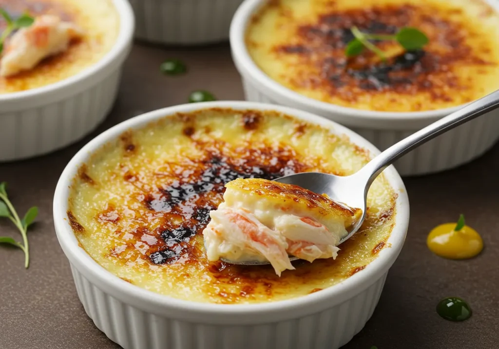 A spoon scooping a creamy portion of crab brulee from a ramekin, showcasing the caramelized crust and tender crab meat inside.