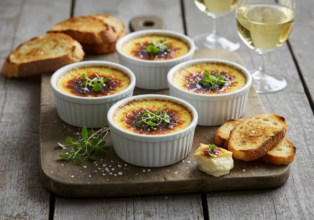 A rustic wooden board showcasing five ramekins of crab crème brûlée with caramelized tops, garnished with microgreens and sprinkled with sea salt. Accompanied by toasted bread slices, a silver spoon, and glasses of white wine in the background