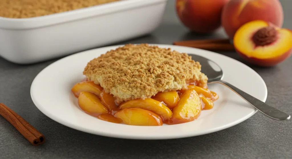 A plate of peach cobbler with a golden, crispy topping served on a white plate, surrounded by fresh peaches and a glass baking dish filled with cobbler in the background.