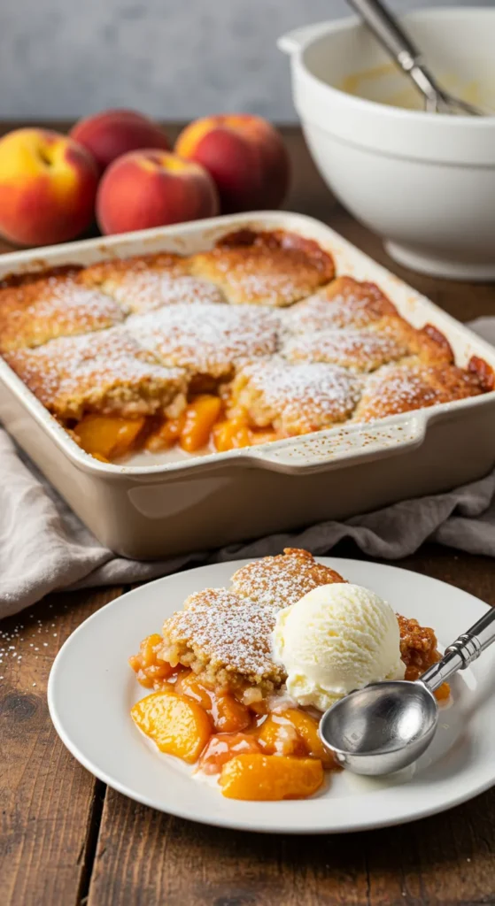 A golden-brown peach cobbler served in a rustic baking dish, with vibrant peach slices peeking through the crust. A scoop of vanilla ice cream melts over a serving on a white plate, creating a cozy, inviting presentation. Fresh peaches and a mixing bowl sit in the background.