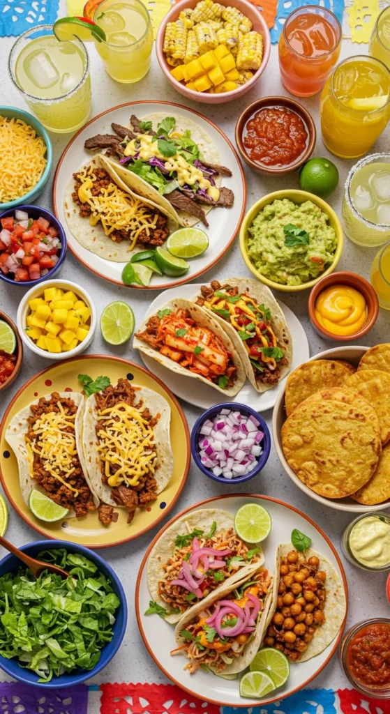 A colorful spread of Taco Tuesday dishes featuring a variety of tacos with unique fillings, accompanied by bowls of guacamole, salsa, and chipotle crema, alongside Mexican street corn and refreshing beverages like margaritas and limeade.