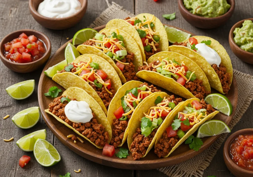 A platter of ground beef tacos topped with shredded lettuce, diced tomatoes, cheese, and sour cream, served with lime wedges, salsa, and guacamole on a rustic wooden table.