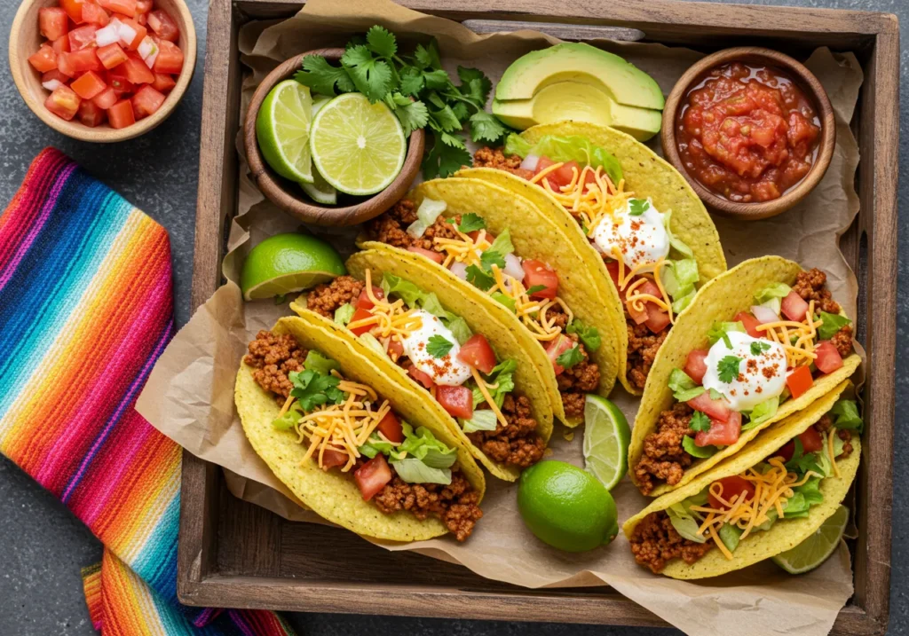 A close-up of freshly made tacos filled with seasoned ground beef, crisp lettuce, diced tomatoes, shredded cheese, and garnished with cilantro. Served on a rustic wooden tray with sides of salsa, lime wedges, and avocado slices.