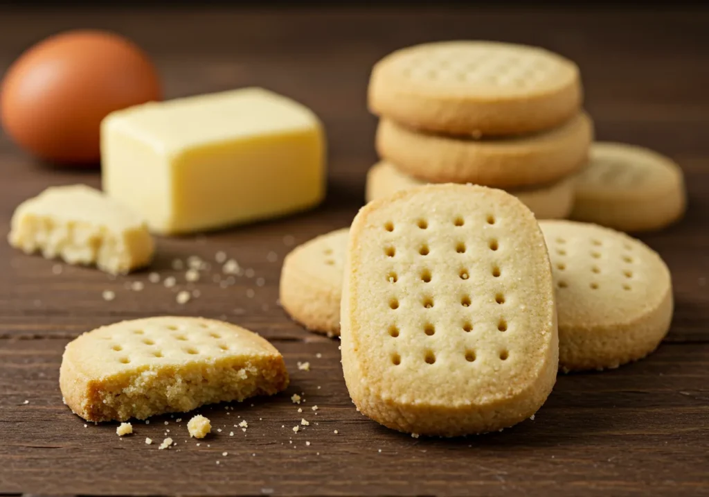 Golden shortbread cookies arranged neatly on a rustic wooden plate, showcasing the perfect crumbly texture and buttery flavor of a classic shortbread cookie recipe.