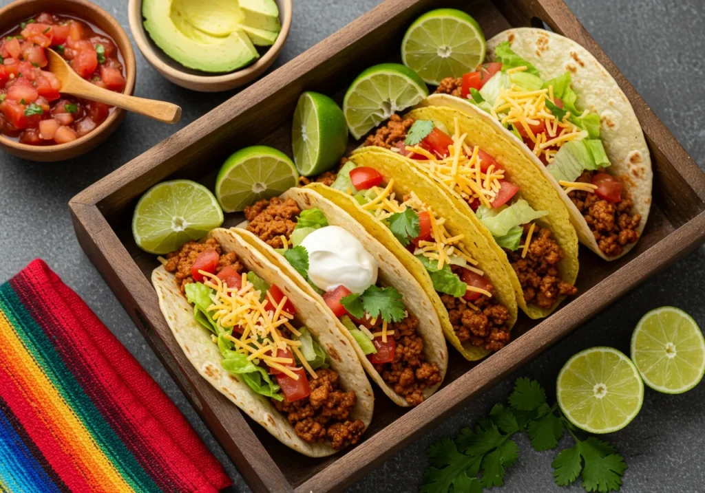 A close-up of freshly made tacos filled with seasoned ground beef, crisp lettuce, diced tomatoes, shredded cheese, and garnished with cilantro. Served on a rustic wooden tray with sides of salsa, lime wedges, and avocado slices.