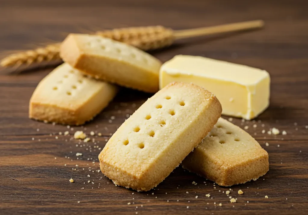 Golden shortbread cookies arranged neatly on a rustic wooden plate, showcasing the perfect crumbly texture and buttery flavor of a classic shortbread cookie recipe.