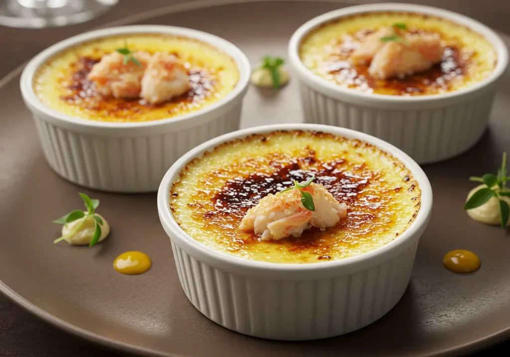 : Three ramekins of Crab Brulee Recipe, each topped with golden caramelized sugar and garnished with crab meat and fresh microgreens.Trio of Gourmet Crab Brulee for Special Occasions