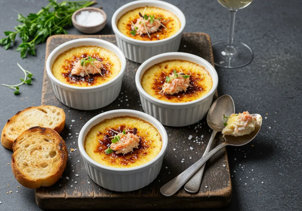 A rustic wooden board showcasing five ramekins of crab crème brûlée with caramelized tops, garnished with microgreens and sprinkled with sea salt. Accompanied by toasted bread slices, a silver spoon, and glasses of white wine in the background