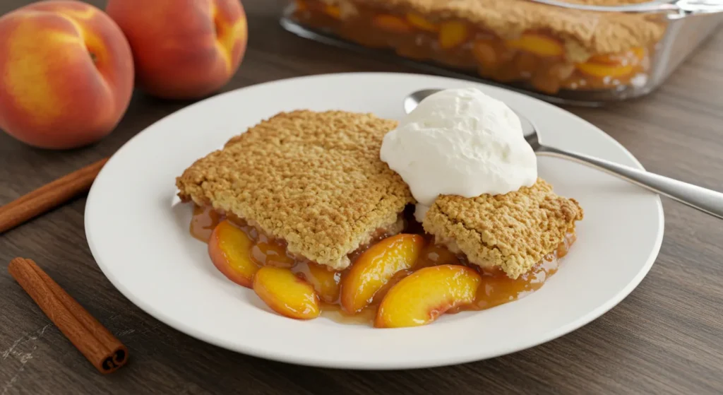 A plate of peach cobbler with a golden, crispy topping served on a white plate, surrounded by fresh peaches and a glass baking dish filled with cobbler in the background.