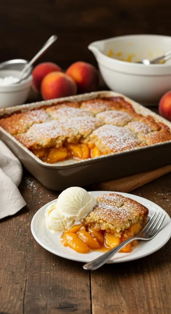 A golden-brown peach cobbler served in a rustic baking dish, with vibrant peach slices peeking through the crust. A scoop of vanilla ice cream melts over a serving on a white plate, creating a cozy, inviting presentation. Fresh peaches and a mixing bowl sit in the background.