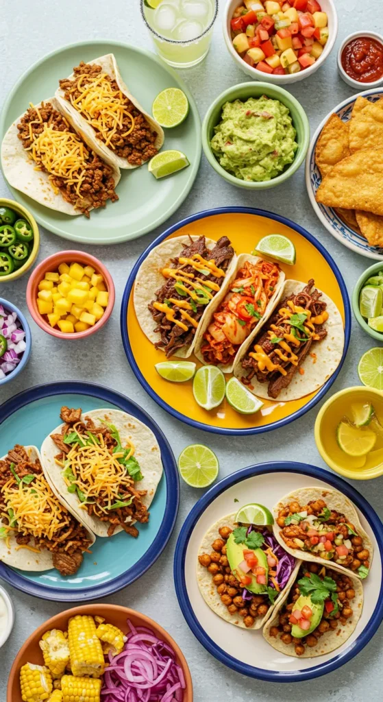 A colorful spread of Taco Tuesday dishes featuring a variety of tacos with unique fillings, accompanied by bowls of guacamole, salsa, and chipotle crema, alongside Mexican street corn and refreshing beverages like margaritas and limeade.