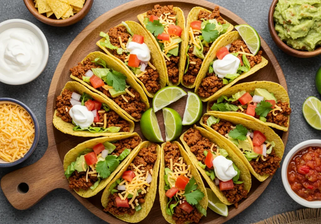 A platter of ground beef tacos topped with shredded lettuce, diced tomatoes, cheese, and sour cream, served with lime wedges, salsa, and guacamole on a rustic wooden table.