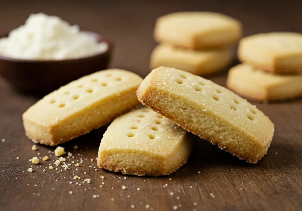 Golden shortbread cookies arranged neatly on a rustic wooden plate, showcasing the perfect crumbly texture and buttery flavor of a classic shortbread cookie recipe.