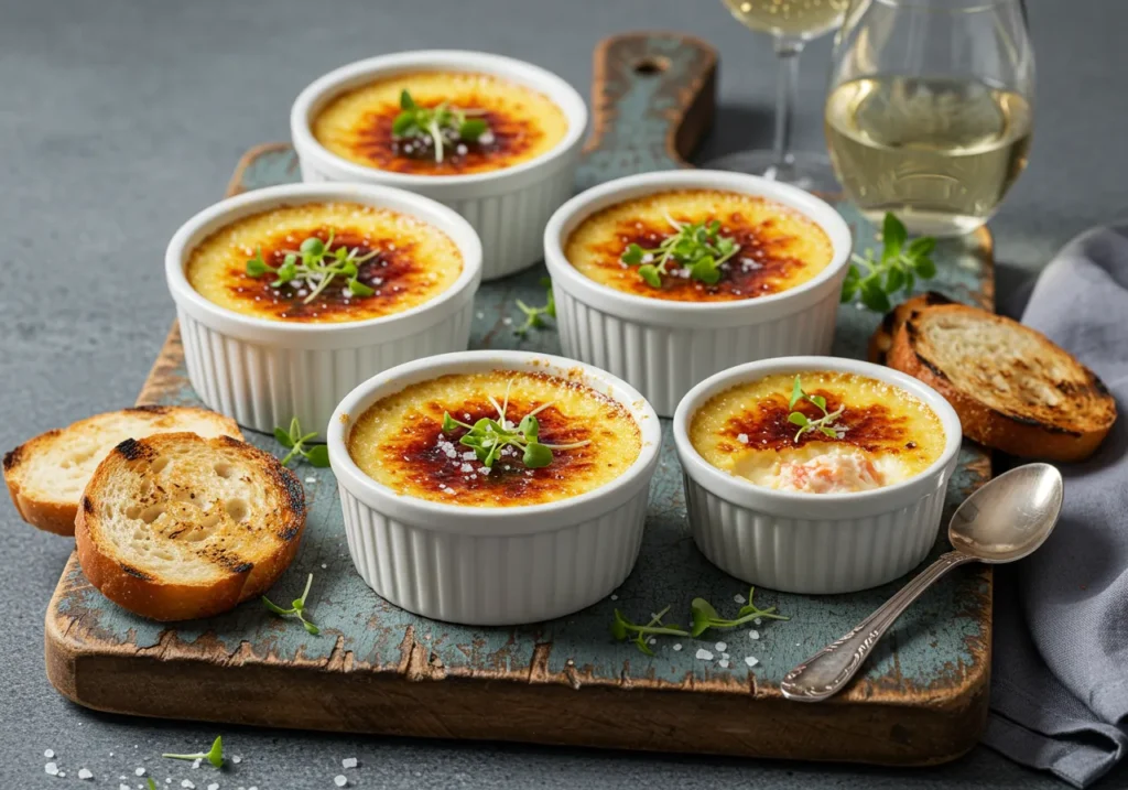 A rustic wooden board showcasing five ramekins of crab crème brûlée with caramelized tops, garnished with microgreens and sprinkled with sea salt. Accompanied by toasted bread slices, a silver spoon, and glasses of white wine in the background