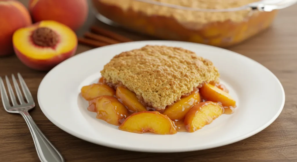 A plate of peach cobbler with a golden, crispy topping served on a white plate, surrounded by fresh peaches and a glass baking dish filled with cobbler in the background.