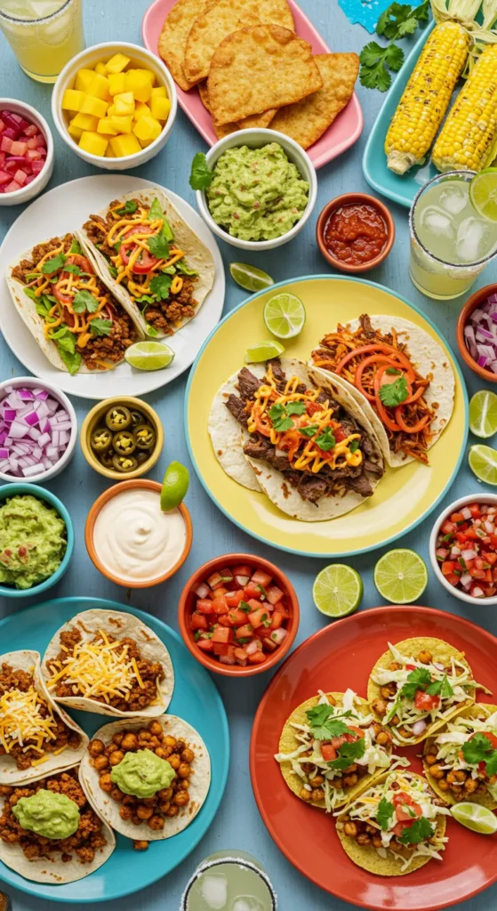 A colorful spread of Taco Tuesday dishes featuring a variety of tacos with unique fillings, accompanied by bowls of guacamole, salsa, and chipotle crema, alongside Mexican street corn and refreshing beverages like margaritas and limeade.