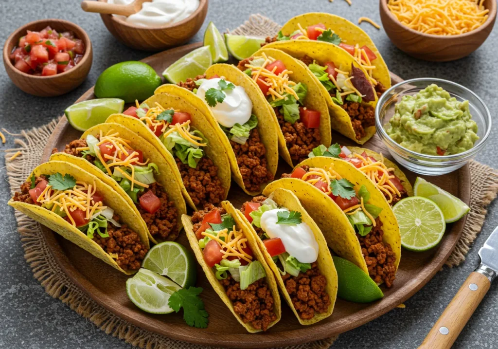 A platter of ground beef tacos topped with shredded lettuce, diced tomatoes, cheese, and sour cream, served with lime wedges, salsa, and guacamole on a rustic wooden table.