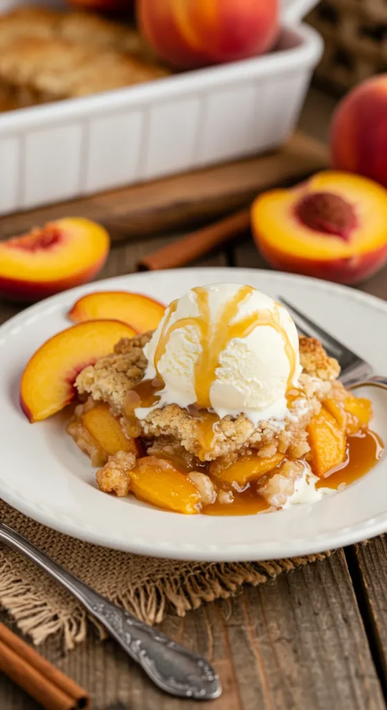 A warm, golden-brown peach cobbler with a crumbly crust, topped with melting vanilla ice cream and drizzled with caramel sauce, garnished with fresh peach slices and a sprinkle of cinnamon. Served on a rustic wooden table with a basket of peaches in the background.