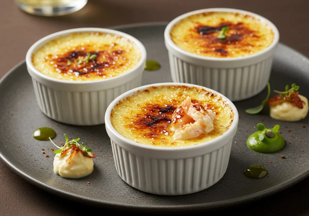 A close-up of a ramekin filled with creamy crab brulee, topped with a golden