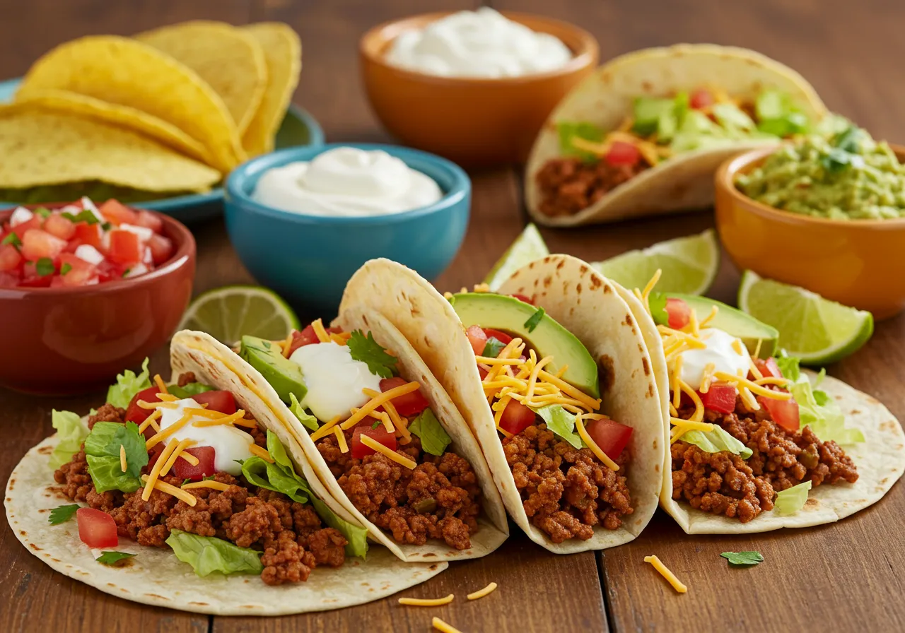 "A wooden table with a delicious spread of beef tacos topped with lettuce, tomatoes, cheese, sour cream, and avocado, accompanied by bowls of salsa, guacamole, and lime wedges."