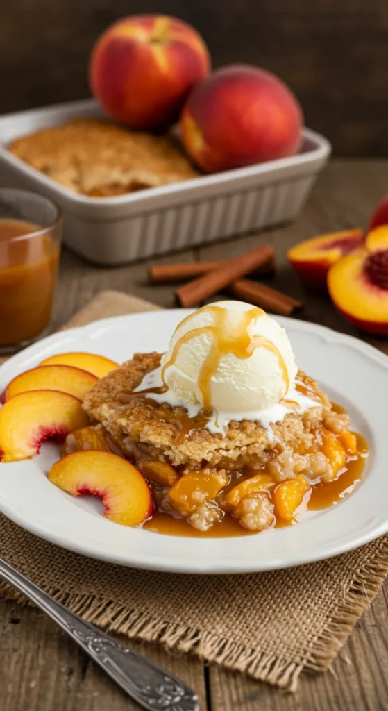 A warm, golden-brown peach cobbler with a crumbly crust, topped with melting vanilla ice cream and drizzled with caramel sauce, garnished with fresh peach slices and a sprinkle of cinnamon. Served on a rustic wooden table with a basket of peaches in the background.