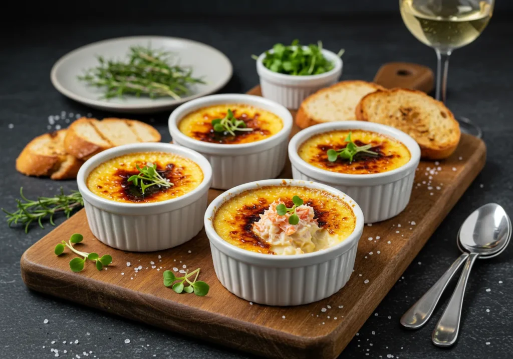 A rustic wooden board showcasing five ramekins of crab crème brûlée with caramelized tops, garnished with microgreens and sprinkled with sea salt. Accompanied by toasted bread slices, a silver spoon, and glasses of white wine in the background