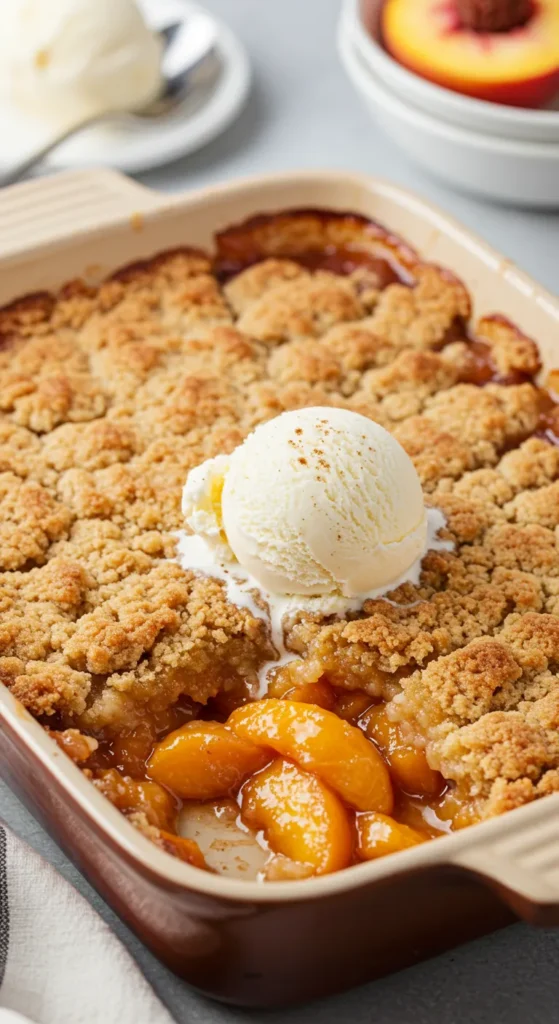 A golden peach cobbler made with cake mix, served warm in a rustic dish, topped with a scoop of melting vanilla ice cream and a sprinkle of cinnamon.