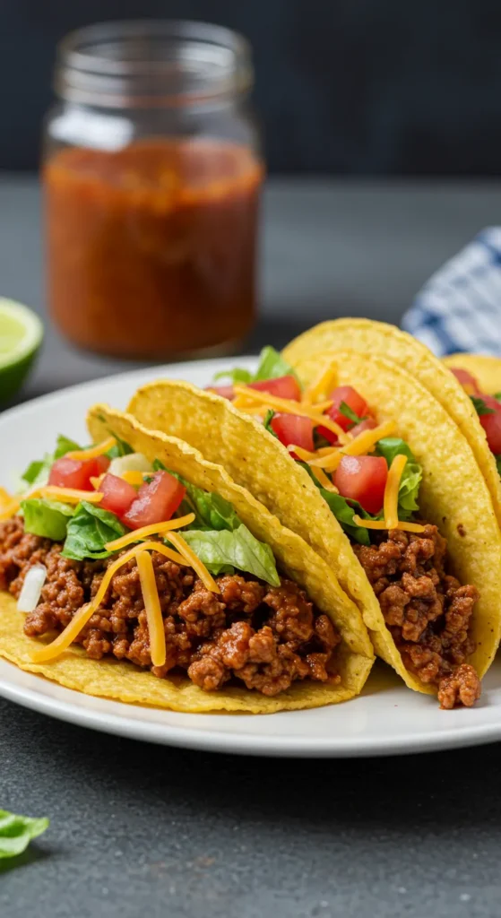 A plate of freshly made tacos filled with seasoned ground beef, melted cheese, crisp lettuce, and diced tomatoes, served with sides of salsa and guacamole.