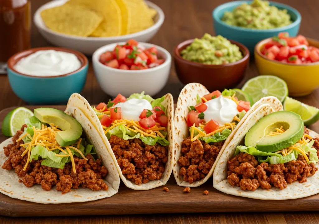 "A wooden table with a delicious spread of beef tacos topped with lettuce, tomatoes, cheese, sour cream, and avocado, accompanied by bowls of salsa, guacamole, and lime wedges."